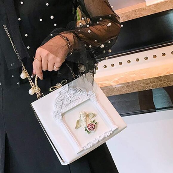 ⚡Women's White Gold Rose Embossed Love Angel Evening Formal Crossbody Clutch Bag - Picture 3 of 5